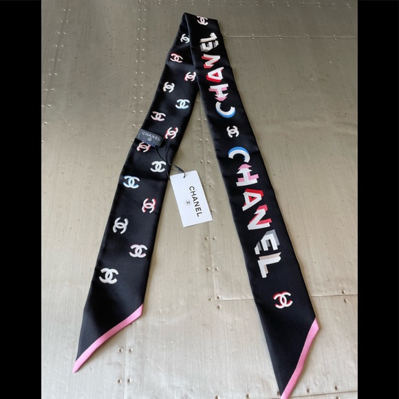 Chanel bandeau scarf twilly black pink silk belt with box GIFTABLE - Picture 1 of 9